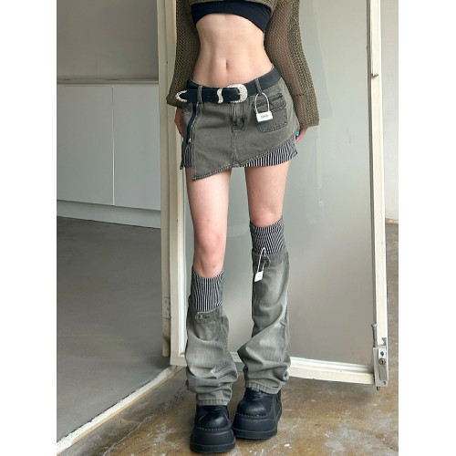 y2k千禧辣妹條紋拼接短裙腿套兩件套設計感街頭龐克亞文化半身裙