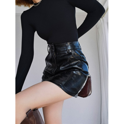 歐美性感辣妹秋冬款高腰百搭緊身顯瘦包臀鱷魚紋皮裙開叉半身裙女