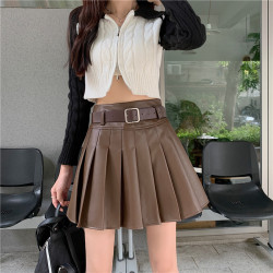 秋冬大碼復古咖色皮裙百褶裙女高腰百搭a字半身裙防走光顯瘦短裙