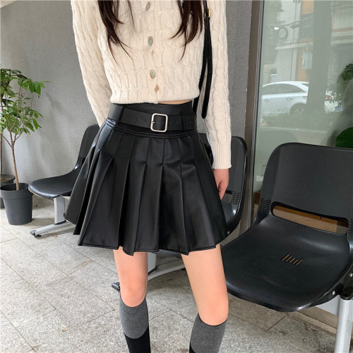 秋冬大碼復古咖色皮裙百褶裙女高腰百搭a字半身裙防走光顯瘦短裙