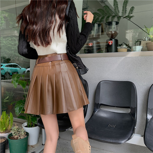 秋冬大碼復古咖色皮裙百褶裙女高腰百搭a字半身裙防走光顯瘦短裙