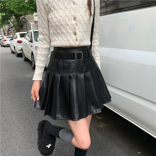 秋冬大碼復古咖色皮裙百褶裙女高腰百搭a字半身裙防走光顯瘦短裙