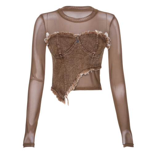 thestar美式復古網紗拼接不規則牛仔美拉德長袖T恤辣妹短款上衣女