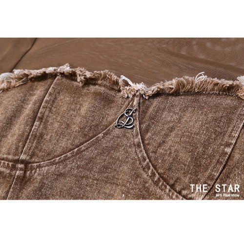 thestar美式復古網紗拼接不規則牛仔美拉德長袖T恤辣妹短款上衣女