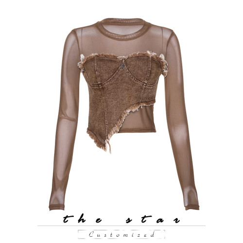 thestar美式復古網紗拼接不規則牛仔美拉德長袖T恤辣妹短款上衣女