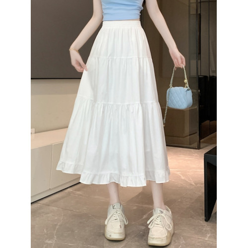 白色半身裙女夏季2025新款春秋褶皺高腰長裙a字繖裙仙女蛋糕裙子