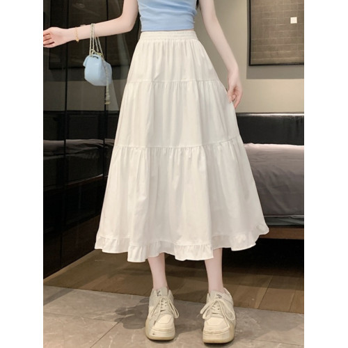 白色半身裙女夏季2025新款春秋褶皺高腰長裙a字繖裙仙女蛋糕裙子