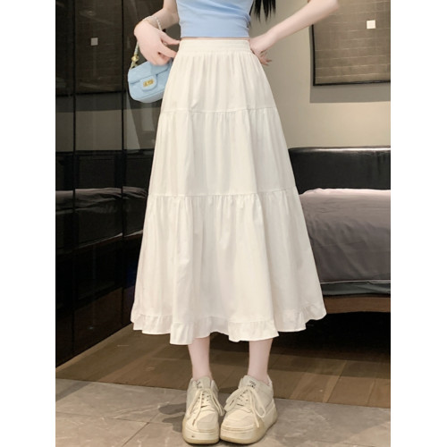 白色半身裙女夏季2025新款春秋褶皺高腰長裙a字繖裙仙女蛋糕裙子