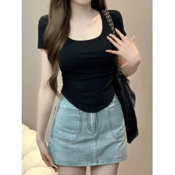 夏季純欲辣妹U領短袖T恤女褶皺設計性感收腰顯瘦純色短款內搭上衣