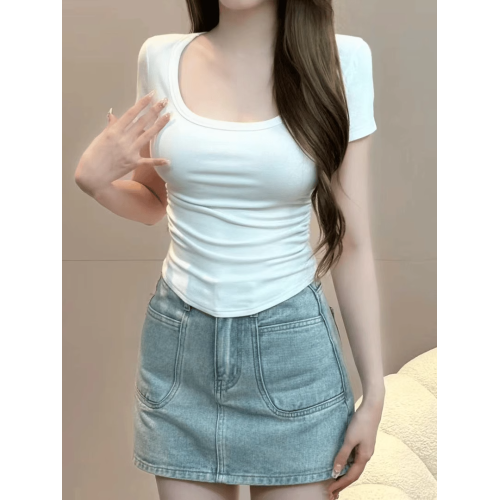 夏季純欲辣妹U領短袖T恤女褶皺設計性感收腰顯瘦純色短款內搭上衣