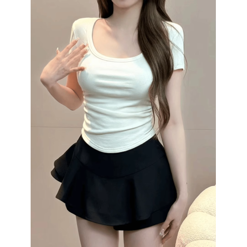 夏季純欲辣妹U領短袖T恤女褶皺設計性感收腰顯瘦純色短款內搭上衣