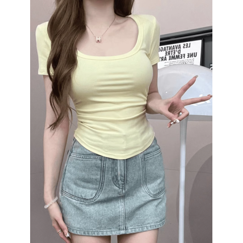 夏季純欲辣妹U領短袖T恤女褶皺設計性感收腰顯瘦純色短款內搭上衣