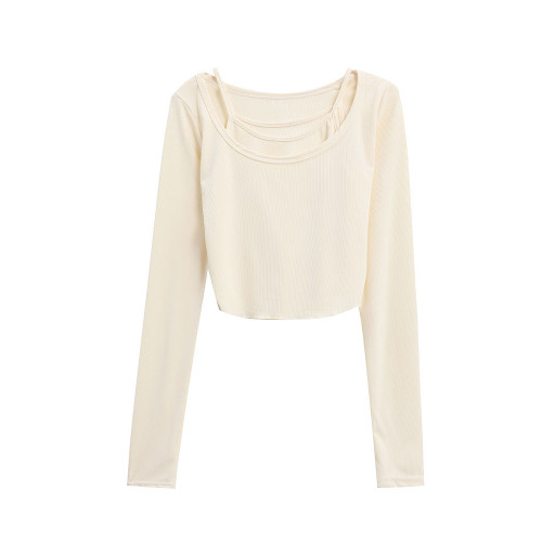 美拉德辣妹假兩件長袖t恤女秋冬chic吊帶掛脖木耳邊修身顯瘦上衣