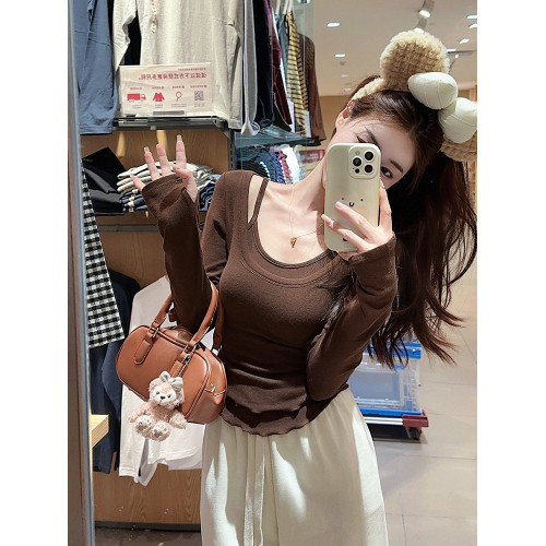 美拉德辣妹假兩件長袖t恤女秋冬chic吊帶掛脖木耳邊修身顯瘦上衣