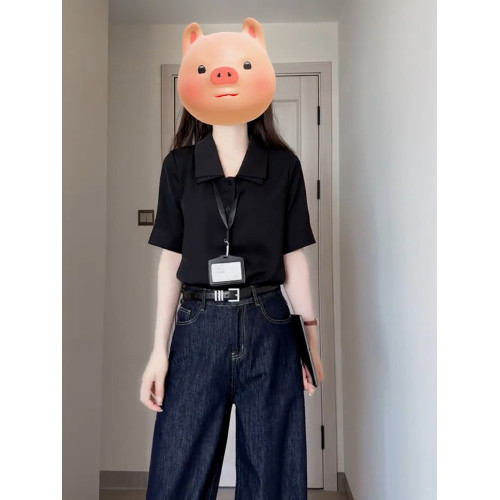 黑色v領短袖襯衫女裝夏季2025新款法式通勤穿搭襯衣薄款氣質上衣