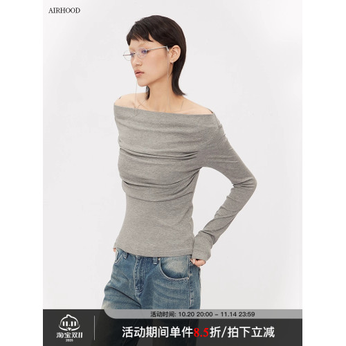 AIRHOOD 2025純欲一字領鎖骨春秋t恤修身性感辣妹露肩長袖上衣女