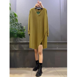 春秋新款300斤大碼胖MM寬松遮肚中長款拼接V領休閒打底長袖上衣女
