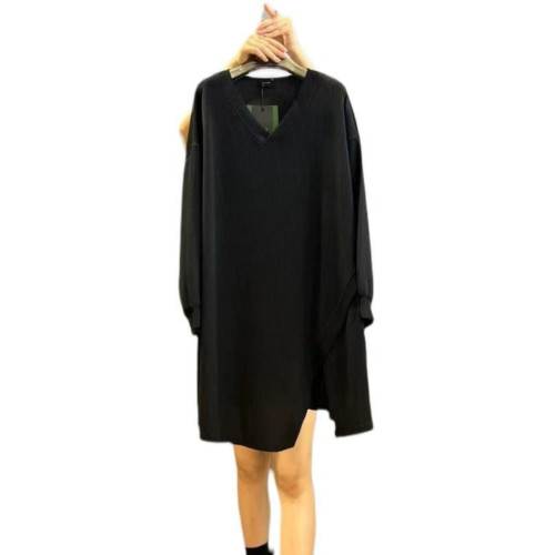 春秋新款300斤大碼胖MM寬松遮肚中長款拼接V領休閒打底長袖上衣女