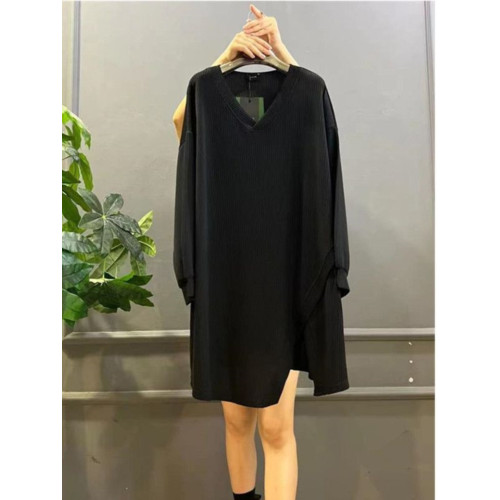 春秋新款300斤大碼胖MM寬松遮肚中長款拼接V領休閒打底長袖上衣女