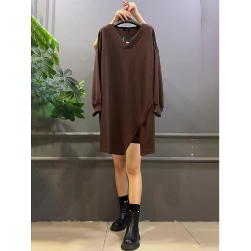 春秋新款300斤大碼胖MM寬松遮肚中長款拼接V領休閒打底長袖上衣女