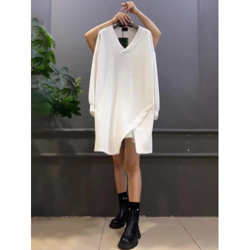 春秋新款300斤大碼胖MM寬松遮肚中長款拼接V領休閒打底長袖上衣女