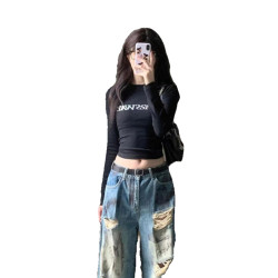 美式復古純棉長袖t恤女春秋內搭短款高腰打底衫辣妹修身顯瘦上衣