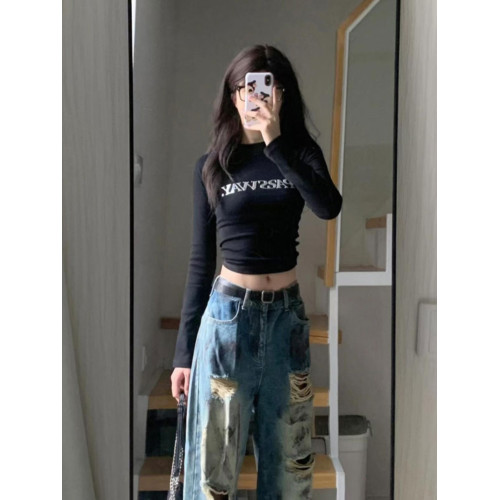 美式復古純棉長袖t恤女春秋內搭短款高腰打底衫辣妹修身顯瘦上衣