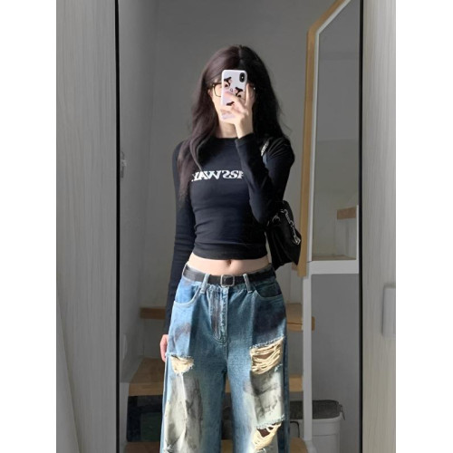 美式復古純棉長袖t恤女春秋內搭短款高腰打底衫辣妹修身顯瘦上衣