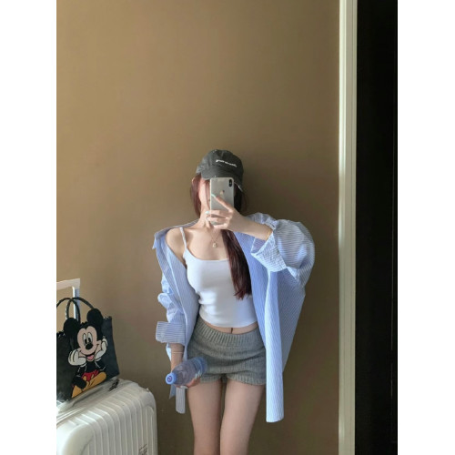 條紋度假休閒長袖襯衫女秋冬慵懶風韓版寬松曡穿上衣內搭襯衣外套