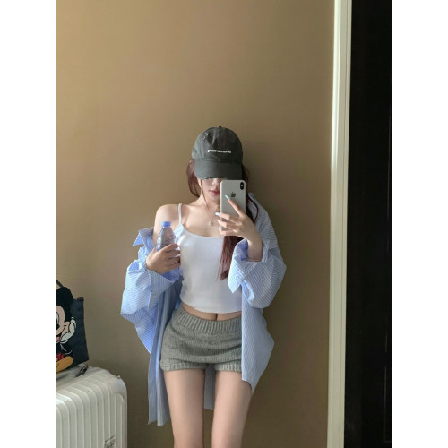 條紋度假休閒長袖襯衫女秋冬慵懶風韓版寬松曡穿上衣內搭襯衣外套