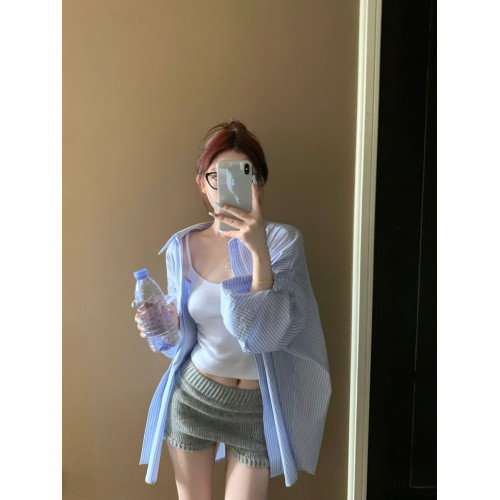 條紋度假休閒長袖襯衫女秋冬慵懶風韓版寬松曡穿上衣內搭襯衣外套