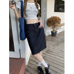 純色半身裙女秋季顯瘦西裝面料胖mm過膝中裙a字裙韓版直筒短裙子