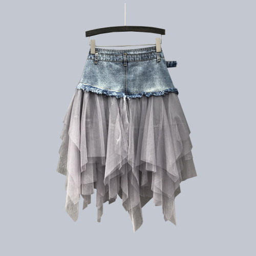 韓國女裝2025秋季新款韓版網紗拼接高腰顯瘦牛仔半身裙中長款紗裙 韓國女裝2025秋季新款韓版網紗拼接高腰顯瘦牛仔半身裙中長款紗裙