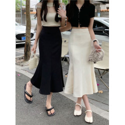 黑色針織魚尾半身裙女春夏中長款新款高腰顯瘦修身彈力a字包臀裙