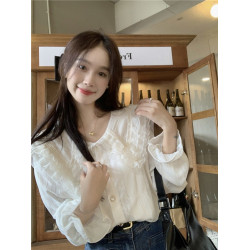 超仙氣質娃娃領蕾絲襯衫女春秋季設計感小衆法式別致漂亮打底襯衣