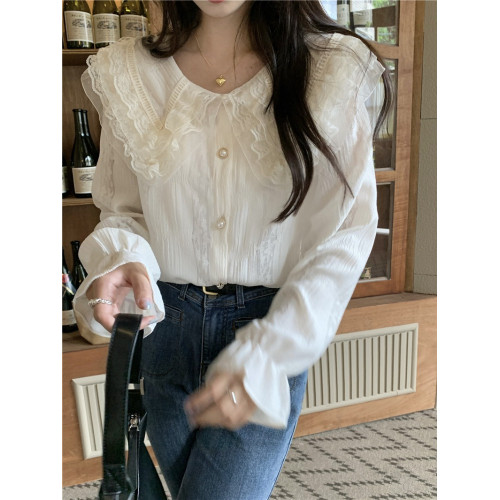 超仙氣質娃娃領蕾絲襯衫女春秋季設計感小衆法式別致漂亮打底襯衣