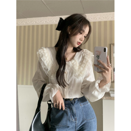 超仙氣質娃娃領蕾絲襯衫女春秋季設計感小衆法式別致漂亮打底襯衣