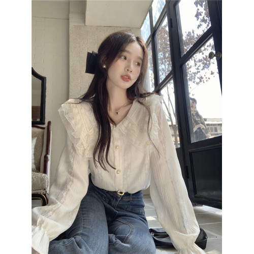 超仙氣質娃娃領蕾絲襯衫女春秋季設計感小衆法式別致漂亮打底襯衣