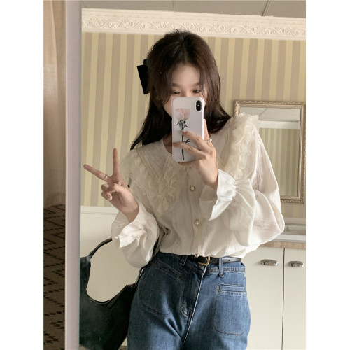 超仙氣質娃娃領蕾絲襯衫女春秋季設計感小衆法式別致漂亮打底襯衣