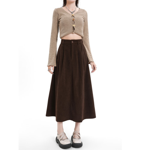 MASS 美拉德咖色燈芯絨高腰a字半身裙女2025秋冬新款顯瘦中長裙