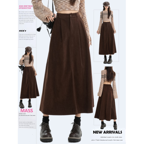 MASS 美拉德咖色燈芯絨高腰a字半身裙女2025秋冬新款顯瘦中長裙