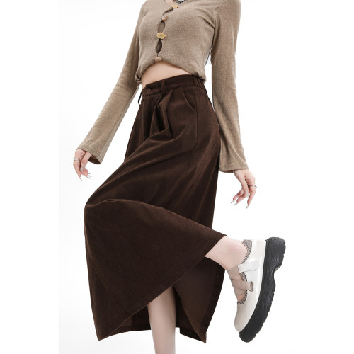 MASS 美拉德咖色燈芯絨高腰a字半身裙女2025秋冬新款顯瘦中長裙