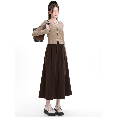 MASS 美拉德咖色燈芯絨高腰a字半身裙女2025秋冬新款顯瘦中長裙