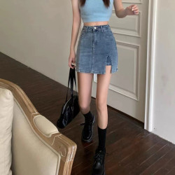 大碼胖mm高腰開叉包臀牛仔半身裙女夏季韓版學生復古a字短裙褲子
