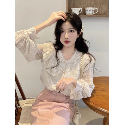 法式別致漂亮小衫女2025春裝新款設計感小衆甜美洋氣蕾絲襯衫上衣