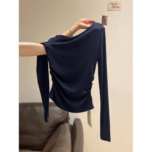 藏藍色斜肩露肩長袖t恤女2025秋季褶皺小衆設計感內搭打底衫上衣