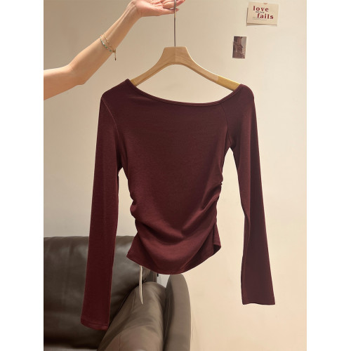 藏藍色斜肩露肩長袖t恤女2025秋季褶皺小衆設計感內搭打底衫上衣