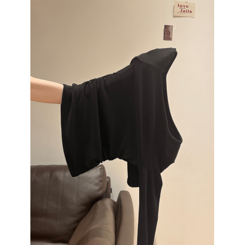 藏藍色斜肩露肩長袖t恤女2025秋季褶皺小衆設計感內搭打底衫上衣