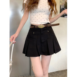 大碼復古牛仔百褶半身裙女夏季胖mm設計感高腰顯瘦包臀a字短裙子