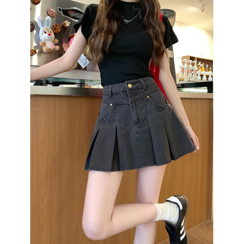 大碼復古牛仔百褶半身裙女夏季胖mm設計感高腰顯瘦包臀a字短裙子 大碼復古牛仔百褶半身裙女夏季胖mm設計感高腰顯瘦包臀a字短裙子